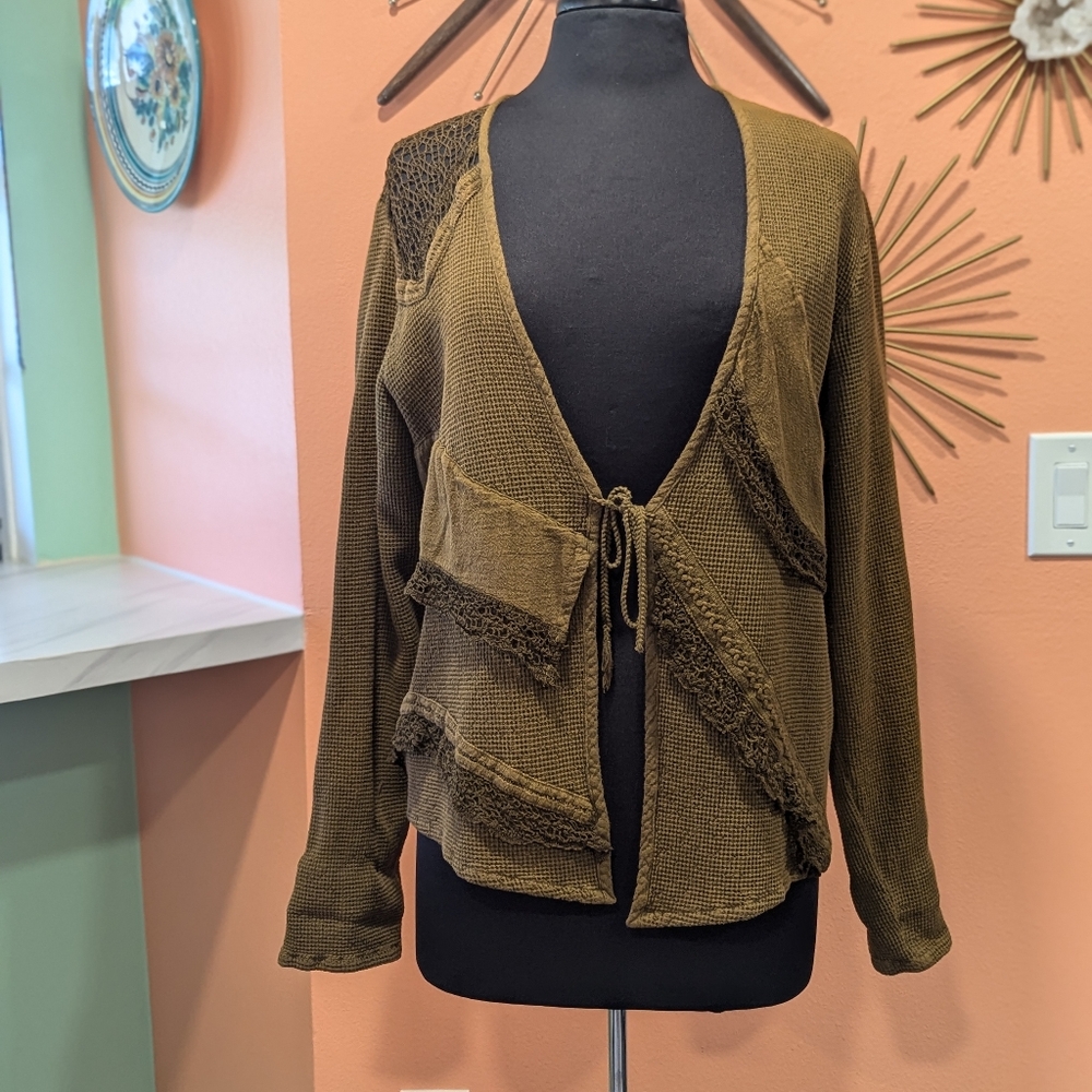 Vintage Olive Green Knit Tie-Front Cardigan
